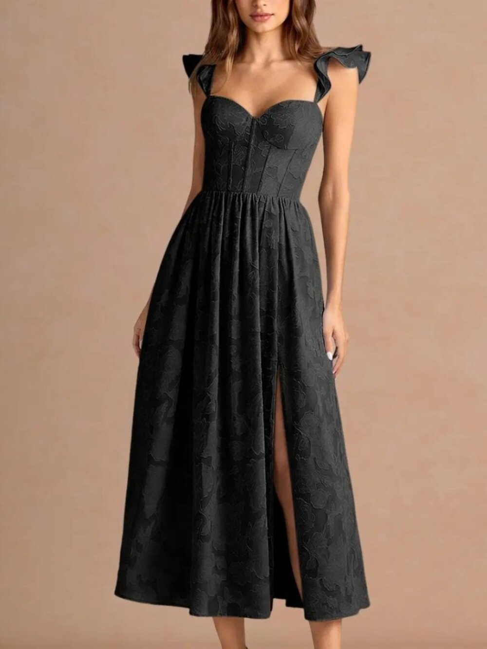 Azazie Black Corset Maxi Midi Dress Floral Formal Wedding Party Size 8